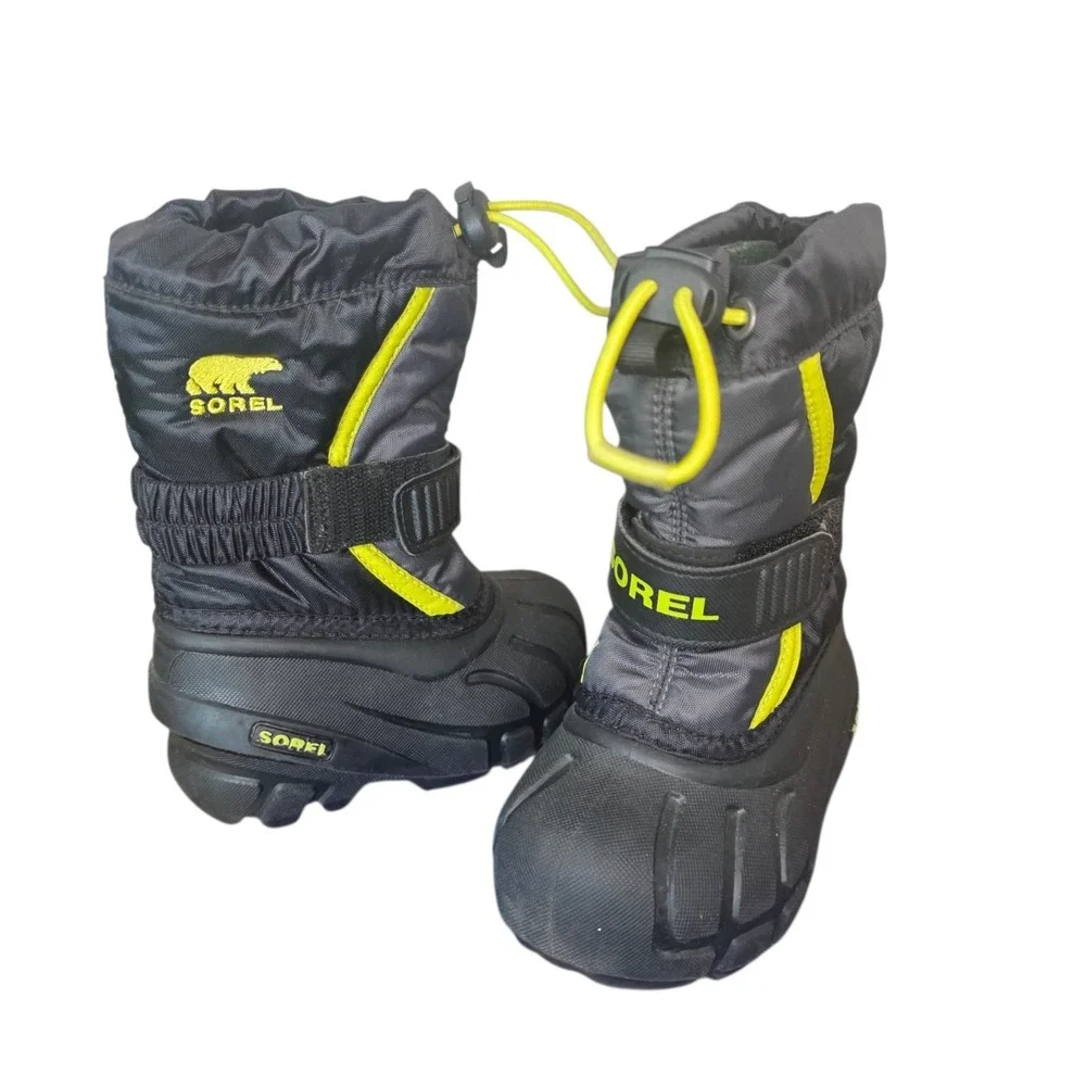 Sorel Youth Flurry NV1885-012 Kids 6 Black Yellow Waterproof Winter Snow Boots